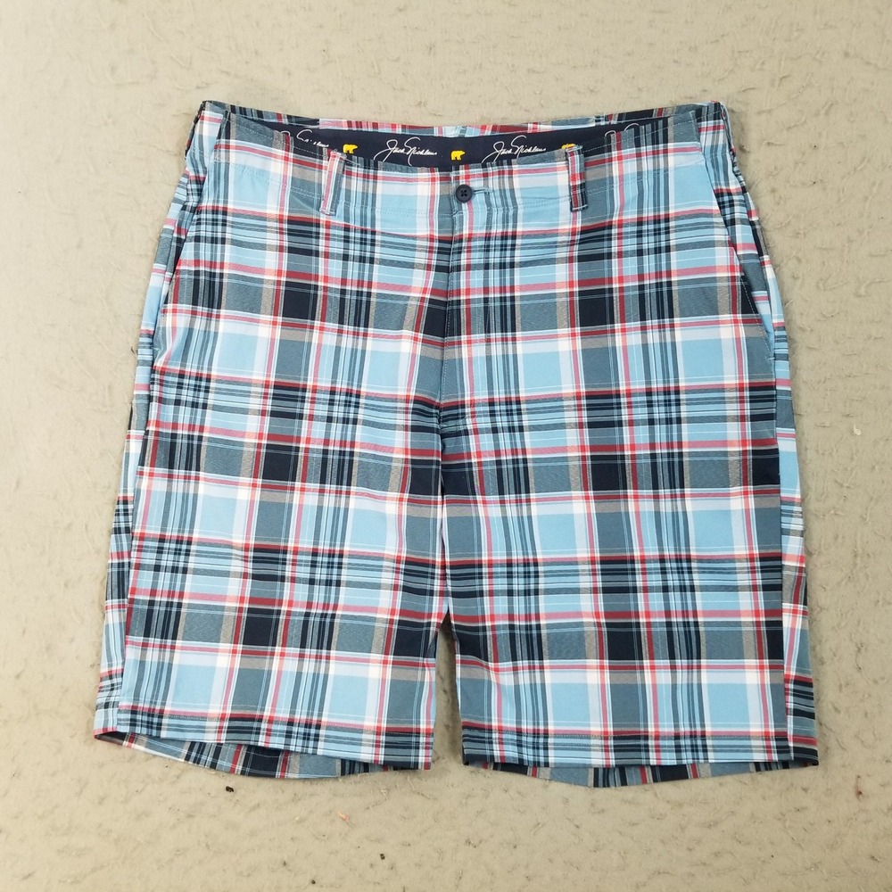 Jack Nicklaus Shorts Men 36 Blue Plaid Golf Performance Flat Front Stretch